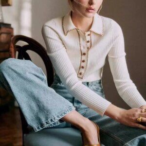 Sezane Armelle Jumper in Ecru / Brown Merino Wool